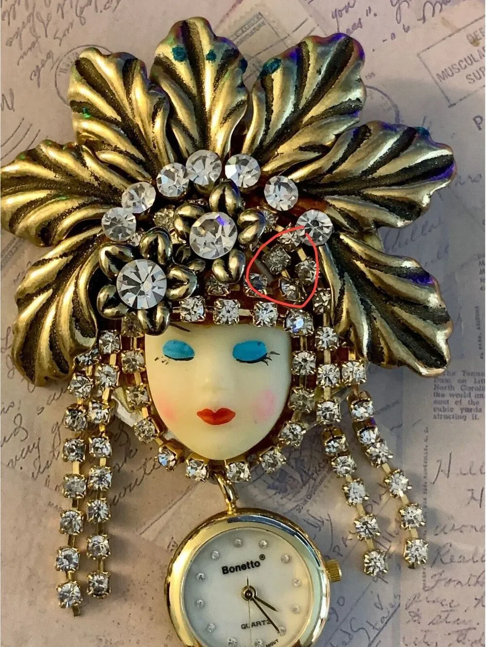 Vintage Bonetto Quartz Watch Brooch Painted Face Rhinestone Statement Pin
